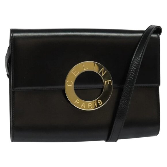CELINE Circle Shoulder Bag Leather Black Gold Auth 118035 - Picture 1 of 16